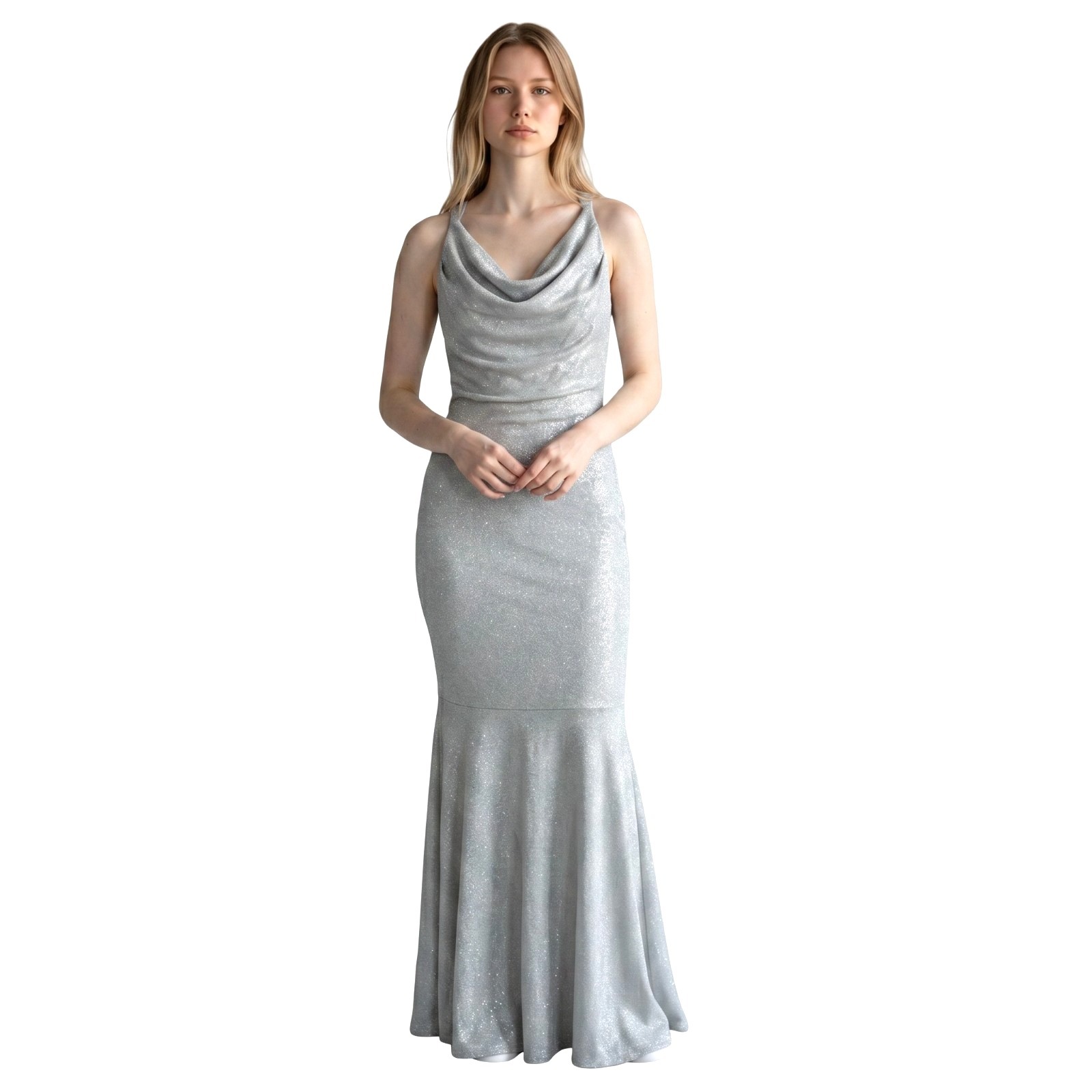 Venus Silver Shimmer Maxi Dress Medium Open Back Cross Formal Mermaid Gown